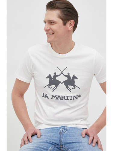 Памучна тениска La Martina в бежово с апликация