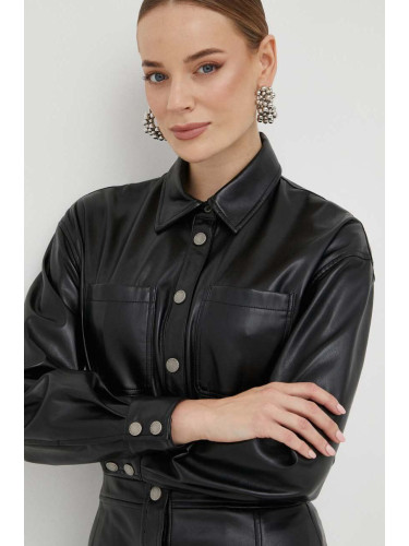 Риза Guess дамска в черно със свободна кройка с класическа яка