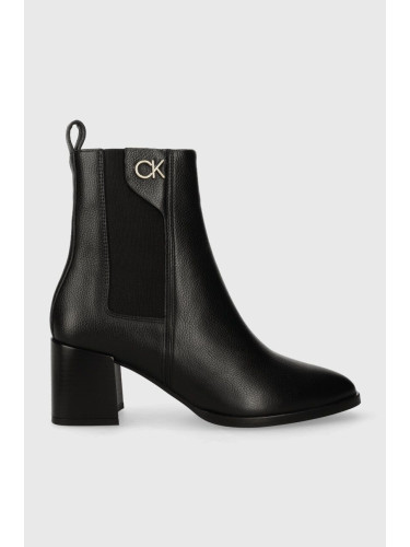 Кожени боти челси Calvin Klein ALMOND CHELSEA BOOT W/HW 55 в черно с дебел ток HW0HW01814