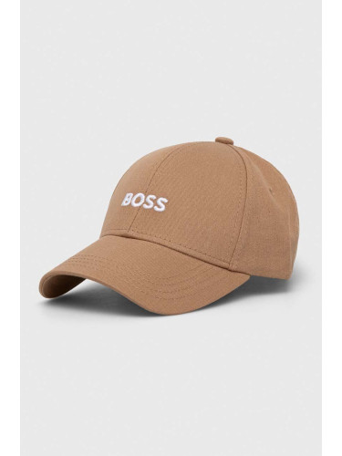 Памучна шапка с козирка BOSS в бежово с апликация