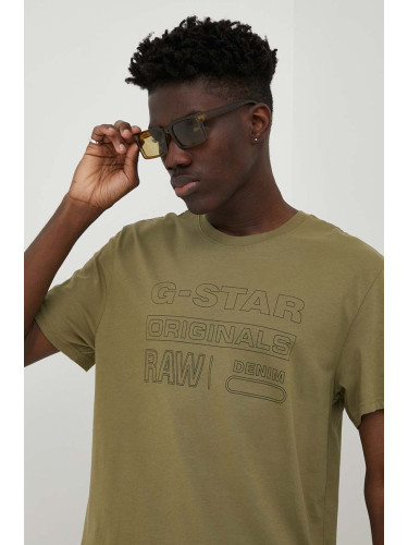 Памучна тениска G-Star Raw в зелено с принт