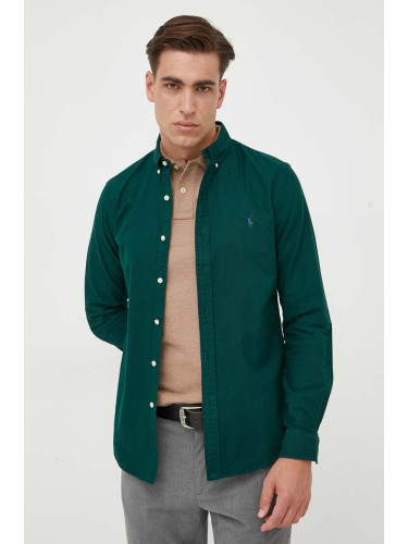 Памучна риза Polo Ralph Lauren мъжка в зелено с кройка по тялото с яка с копче