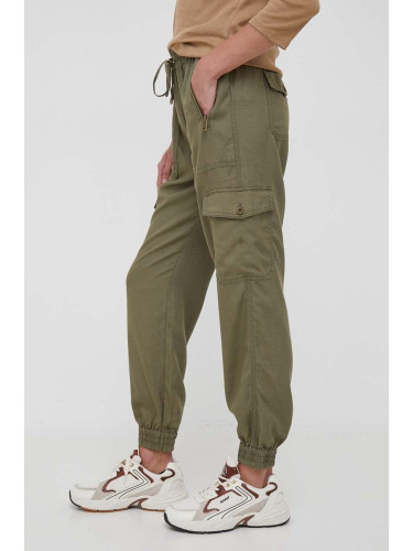 Панталон с лен Lauren Ralph Lauren в зелено с висока талия