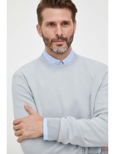 Памучен пуловер BOSS ORANGE в сиво от лека материя