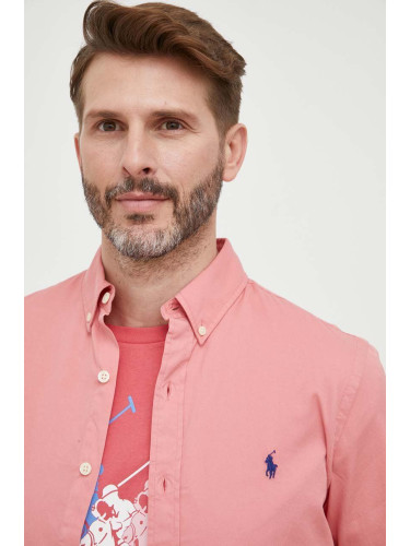 Памучна риза Polo Ralph Lauren мъжка в розово с кройка по тялото с яка с копче