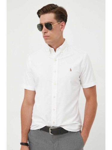 Памучна риза Polo Ralph Lauren мъжка в бяло със стандартна кройка с яка с копче