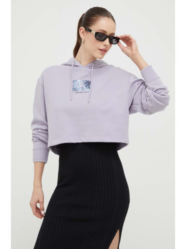 Памучен суичър Calvin Klein Jeans в лилаво с качулка с принт