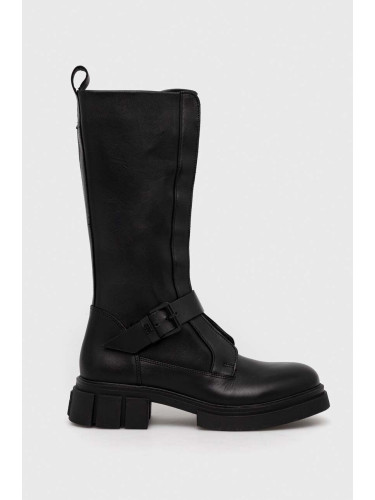 Кожени ботуши Tommy Hilfiger COOL MONOCHROMATIC BIKERBOOT в черно с равна подметка FW0FW07338