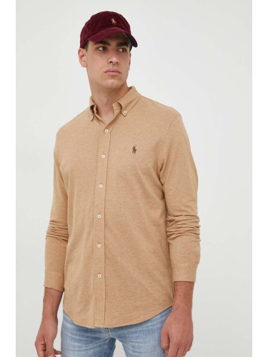 Памучна риза Polo Ralph Lauren мъжка в бежово със стандартна кройка с яка с копче