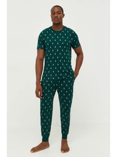 Памучно долнище на пижама Polo Ralph Lauren в зелено с десен 714899500