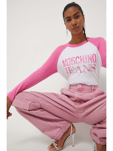 Памучна блуза с дълги ръкави Moschino Jeans в розово