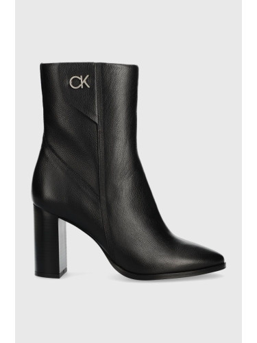 Кожени боти Calvin Klein CUP HEEL ANKLE BOOT W/HW 80 в черно с дебел ток HW0HW01750