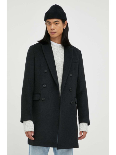 Палто с вълна Bruuns Bazaar в черно преходен модел с двуредно закопчаване