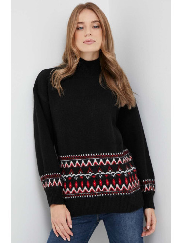 Пуловер с вълна Silvian Heach дамски в черно с ниско поло