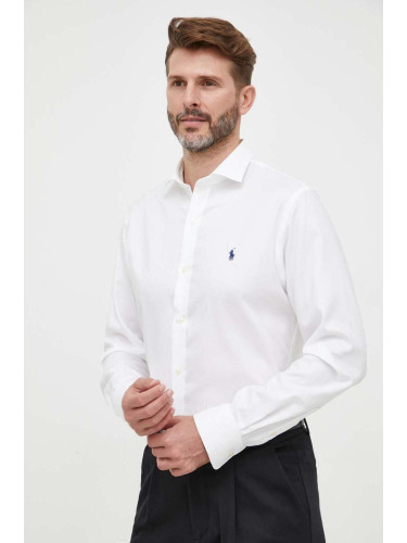 Памучна риза Polo Ralph Lauren мъжка в бяло с кройка по тялото с италианска яка