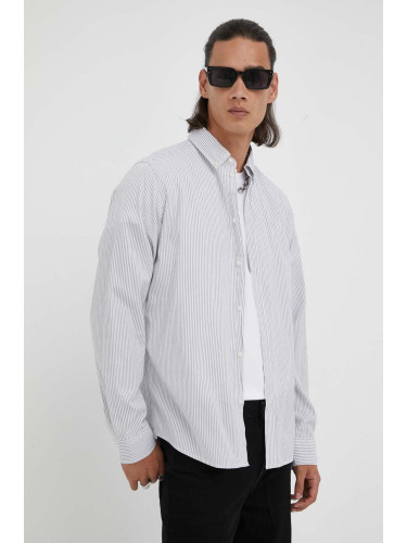 Памучна риза Les Deux Kristian Stripe мъжка в сиво със стандартна кройка с яка с копче