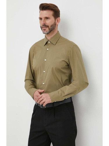 Риза BOSS мъжка в зелено с кройка по тялото класическа яка 50469345