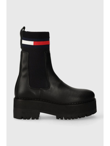 Кожени боти челси Tommy Jeans TJW FLATFORM CHELSEA SOCK в черно с равна подметка EN0EN02301