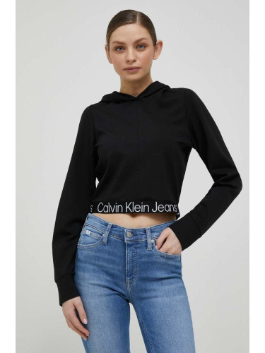 Суичър Calvin Klein Jeans в черно с качулка с принт