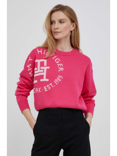 Памучен пуловер Tommy Hilfiger в розово от лека материя