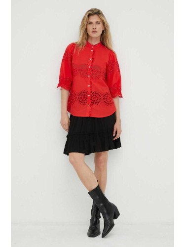 Памучна риза Bruuns Bazaar дамска в червено със стандартна кройка с права яка