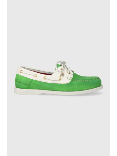 Велурени мокасини Tommy Hilfiger TH BOAT SHOE в зелено с равна подметка FW0FW07066