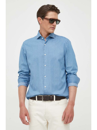 Памучна риза BOSS мъжка в синьо със стандартна кройка с италианска яка