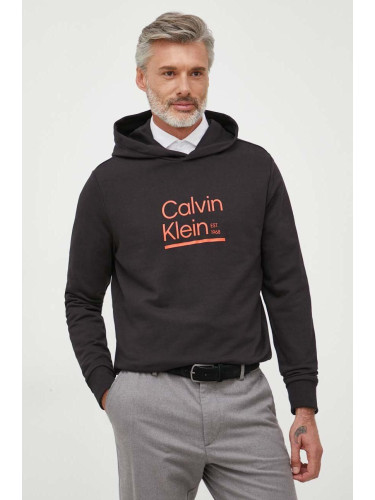 Памучен суичър Calvin Klein в черно с качулка с принт
