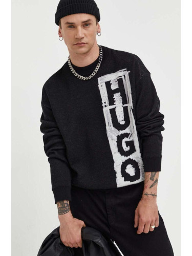 Пуловер с вълна HUGO мъжки в черно от лека материя