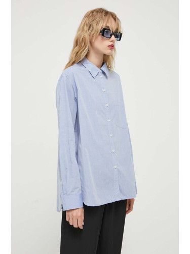 Памучна риза Lovechild дамска в синьо със свободна кройка с класическа яка
