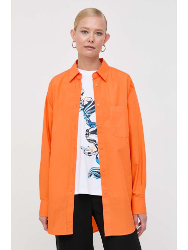 Памучна риза BOSS дамска в оранжево със стандартна кройка с класическа яка