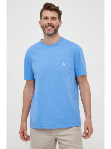 Тениска с лен Polo Ralph Lauren в синьо с изчистен дизайн