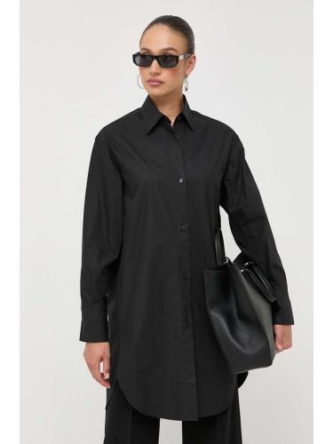 Памучна риза BOSS дамска в черно със свободна кройка с класическа яка