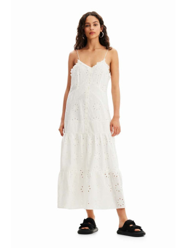 Памучна рокля Desigual в бяло среднодълга със стандартна кройка