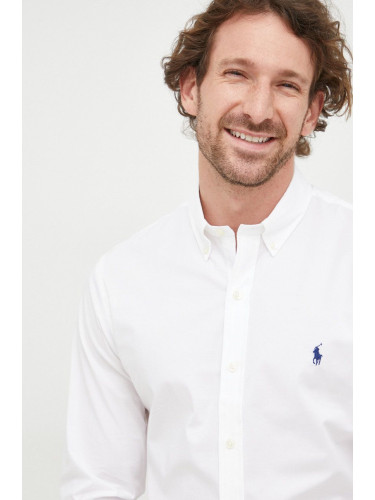 Риза Polo Ralph Lauren мъжка в бяло с кройка по тялото с яка с копче