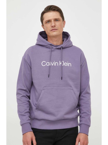 Памучен суичър Calvin Klein в лилаво с качулка с апликация