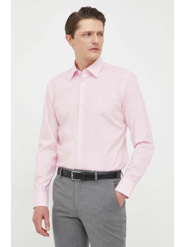 Риза BOSS мъжка в розово с кройка по тялото с класическа яка
