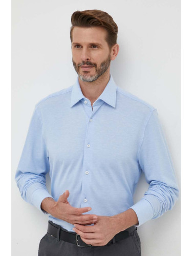 Памучна риза BOSS мъжка в синьо със стандартна кройка с класическа яка