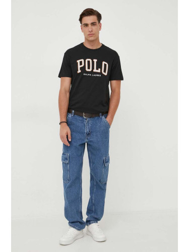 Памучна тениска Polo Ralph Lauren в черно с апликация