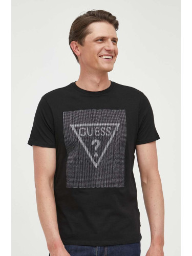 Памучна тениска Guess в черно с десен