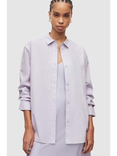 Памучна риза AllSaints Sasha дамска в лилаво със свободна кройка с класическа яка
