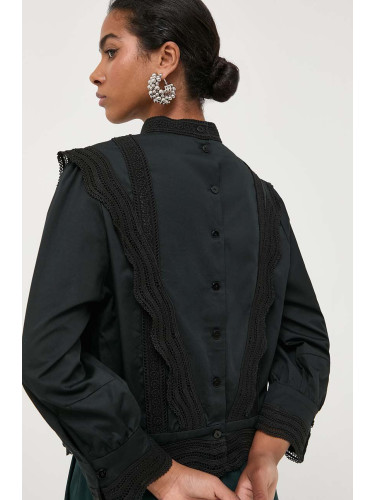 Памучна риза Ivy Oak дамска в черно със стандартна кройка с права яка
