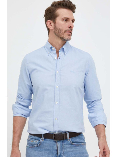 Памучна риза BOSS ORANGE мъжка в синьо със стандартна кройка с италианска яка 50489341