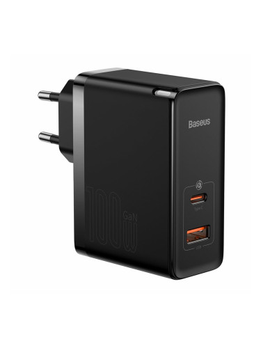 Зарядно устройство Baseus GaN 5 Pro Charger 100W, от контакт към 1x USB (ж)/1x USB-C (ж), 20V/5A, черно, PD 3.0, QC 4.0
