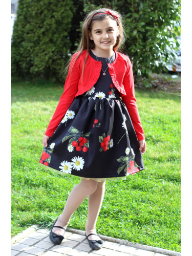 Детска рокля в черно с черешки и болеро в червено