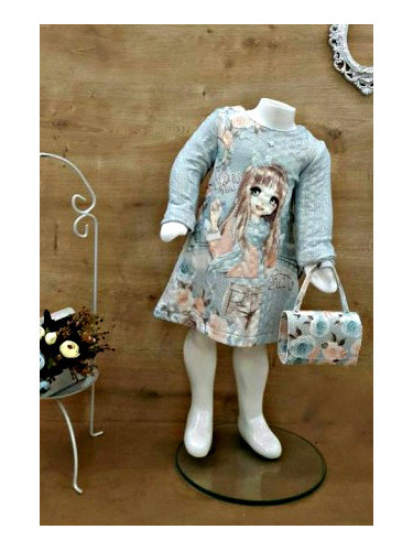 Комплект от рокличка с дълъг ръкав в светлосиньо и чантичка