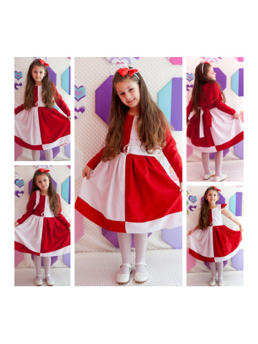 Официална детска рокля Марта в червено и бяло с болеро