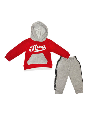 Бебешки комплект от панталон в сиво и суитшърт в червено с надпис за м