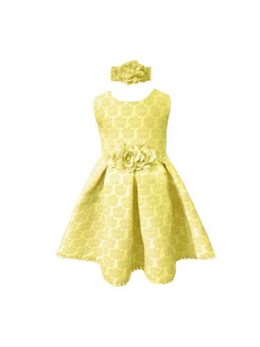 Официална детска рокля без ръкав в на цветя в жълто с лента за коса