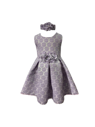 Официална детска рокля без ръкав в на цветя в лилаво с лента за коса
